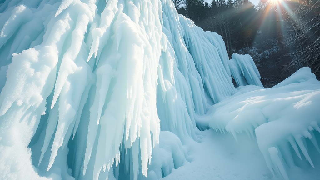 Close-up of a massive frozen waterfall at Plitvice, glistening icy textures, crystal icicles, and snowy wildlife tracks - Plitvice Lakes winter frozen waterfall