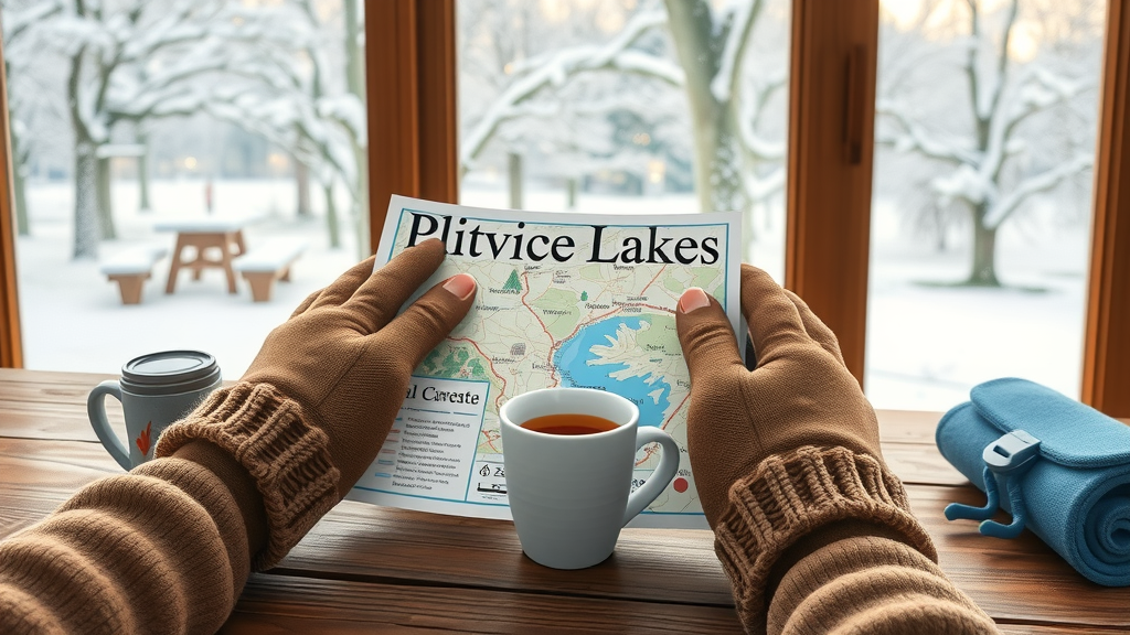 Inviting travel planning scene for Plitvice Lakes in winter, hands in gloves pointing at a map with snowy park in the background - Plitvice Lakes National Park winter planning
