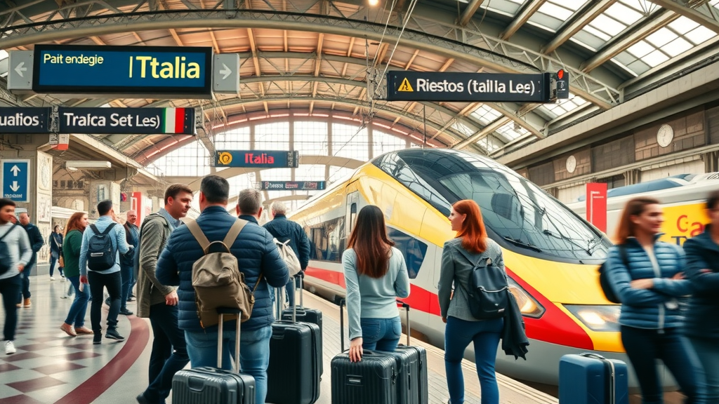 modern Italian high-speed train at a bustling station, tourists with suitcases boarding, station signs in Italian, vibrant platform with digital displays, natural sunlight, bold colors