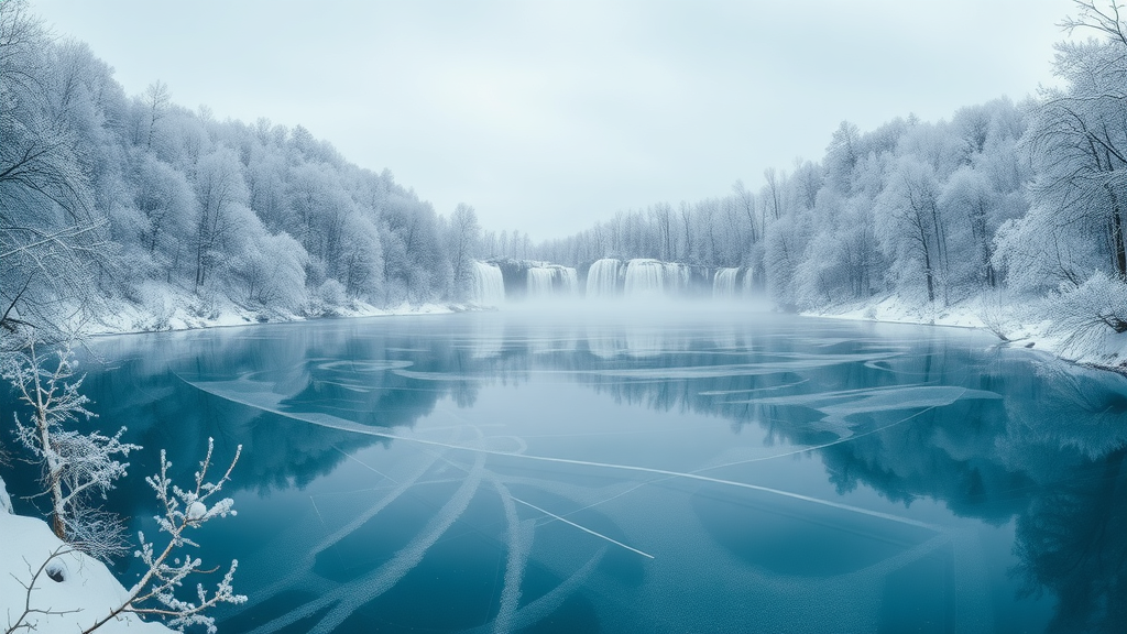 Ethereal panoramic view of Plitvice Lakes National Park in winter, showing snow-covered trees, frozen waterfalls and icy lakes, serene atmosphere - Plitvice Lakes winter
