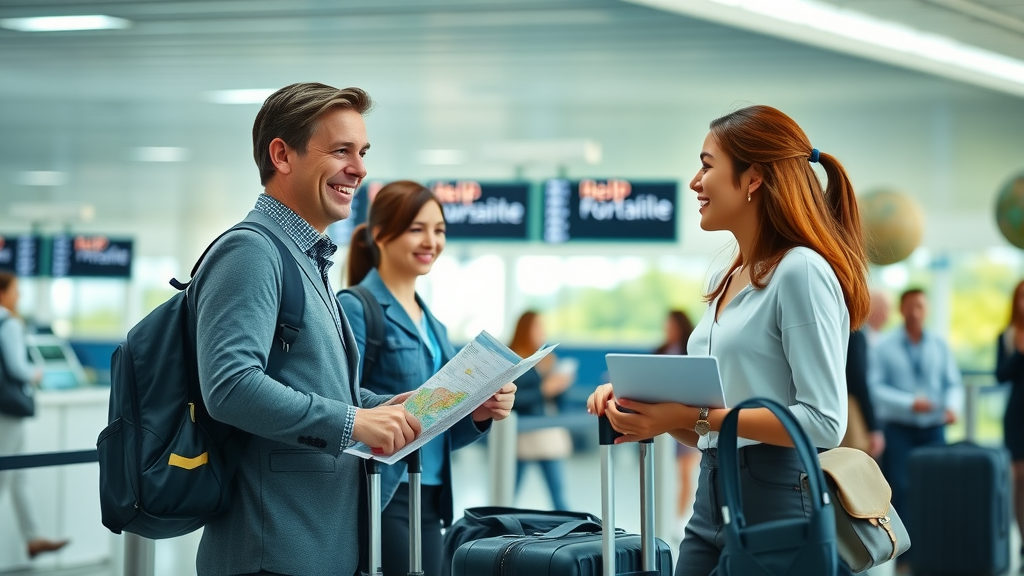 Helpful airport concierge smiling staff assisting travelers modern help desk lush green ambience digital boards