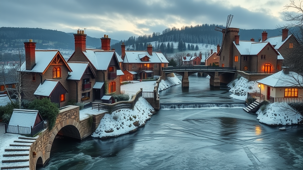 Picturesque Rastoke village in winter, snow-dusted watermills, frozen river, and sunny golden hour light - Rastoke near Plitvice Lakes winter