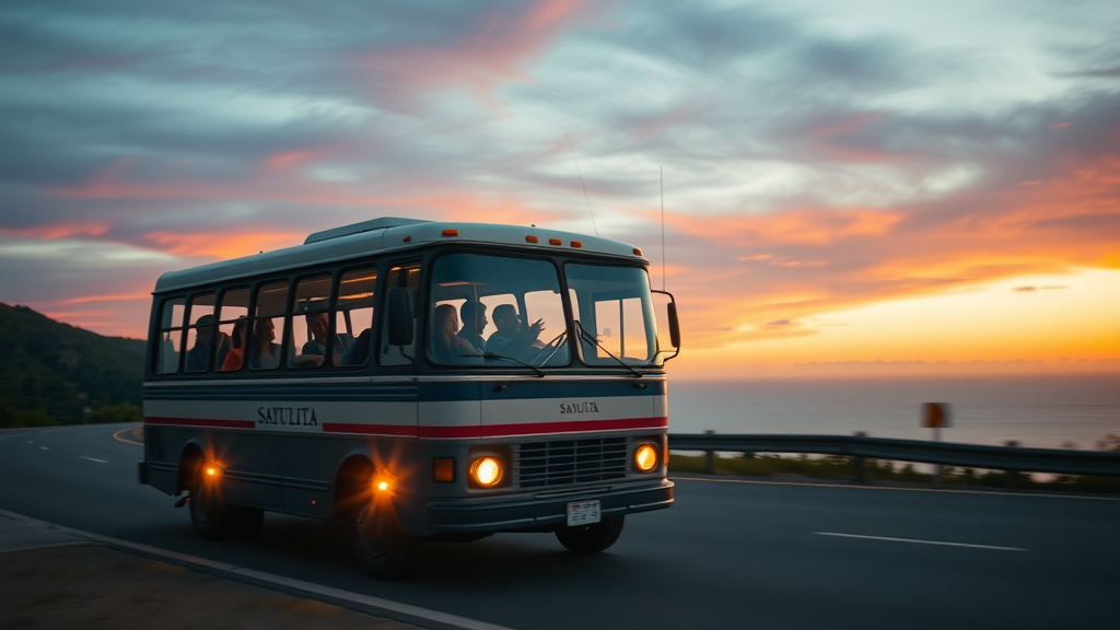 Sayulita bus on highway at dusk with passengers on the way to puerto vallarta; evening bus exterior against coastal hills