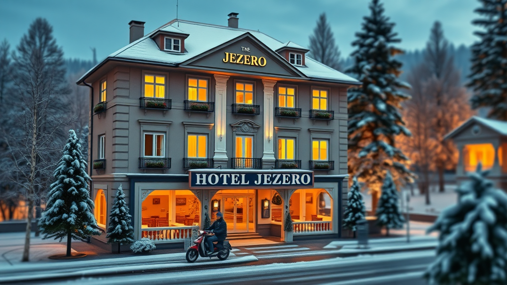 Welcoming facade of Hotel Jezero with snowy pines and warm lights, set at the edge of Plitvice National Park in winter - Hotel Jezero Plitvice Lakes