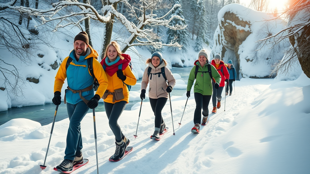 Group of hikers in colorful winter coats snowshoeing along Plitvice