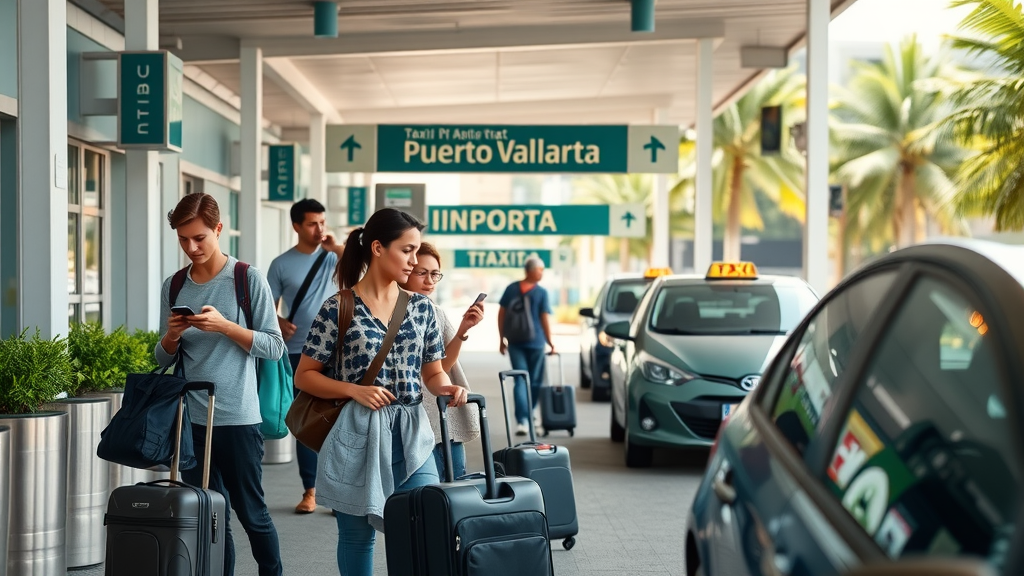 Modern taxi stand outside Puerto Vallarta Airport; travelers searching for taxis and Uber to Sayulita; puerto vallarta airport transportation