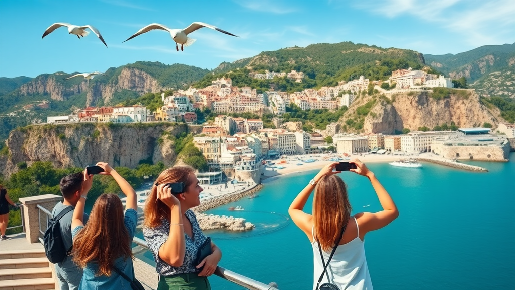 breathtaking panoramic view of the Amalfi Coast, joyful travelers admiring the coastline, capturing photographs, rugged cliffs, turquoise sea, colorful hillside towns in the background with lush Mediterranean vegetation, lively seagulls in flight, vibrant blue and pastel hues