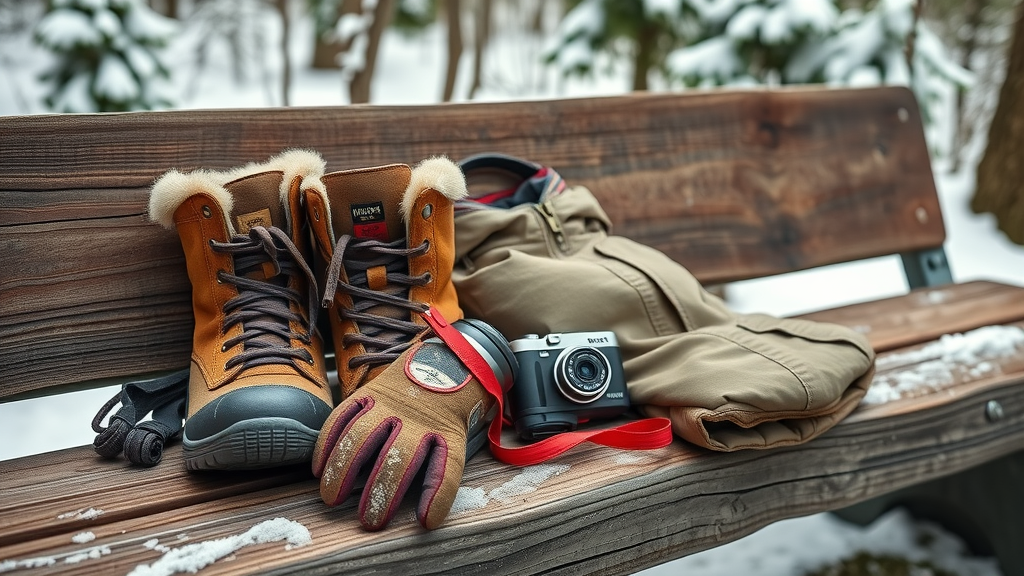 Cozy, practical winter gear for Plitvice Lakes: boots, insulated jacket, gloves, compact camera and thermos on snowy bench - Plitvice Lakes winter gear