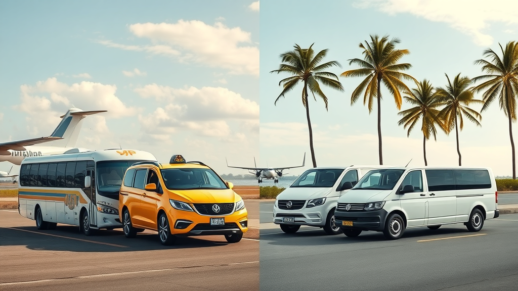 Side-by-side visual comparison of Sayulita transport methods: bus exterior, taxi, SUV, car rental, and shuttle minibus at puerto vallarta airport