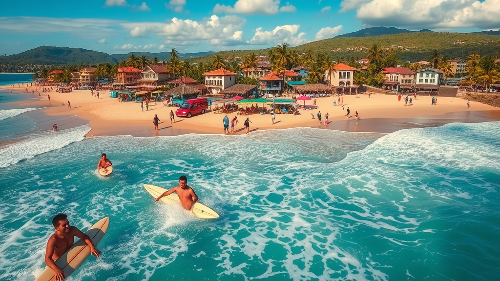 Lively aerial view of Sayulita beach and colorful town with visitors relaxing and surfing; Puerto Vallarta vibrant coastal background