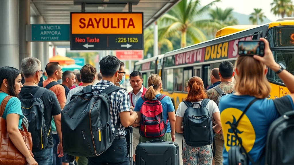 Busy bus stop at Puerto Vallarta Airport; Sayulita bus colorful exterior with travelers queuing; urban terminal near puerto vallarta