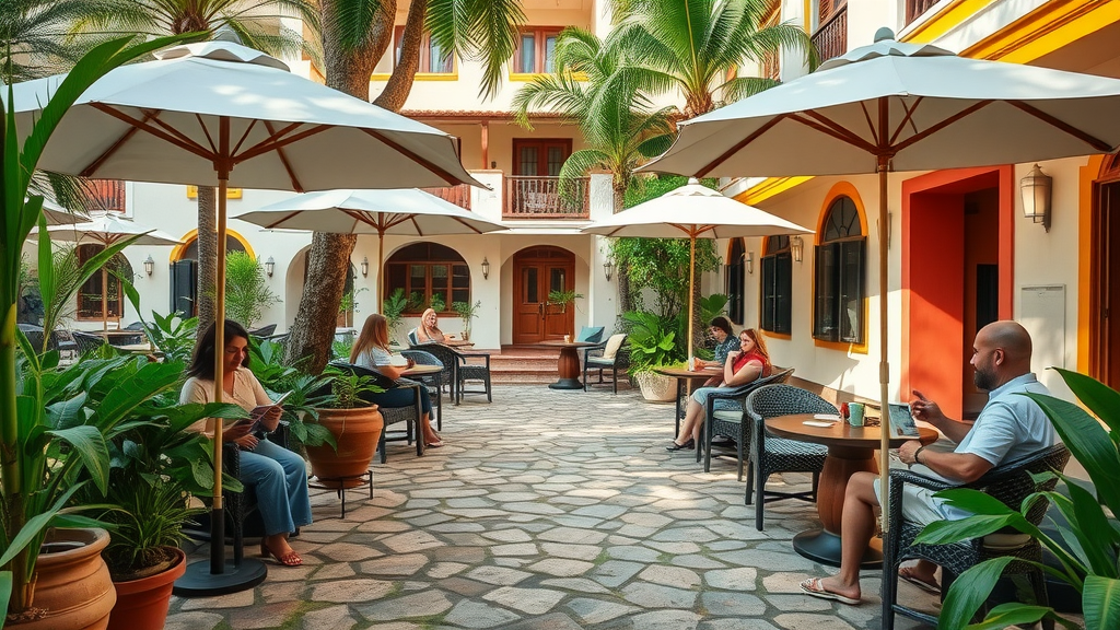 Charming boutique hotel in Sayulita with lush garden courtyard; guests relaxing at puerto vallarta vacation rental