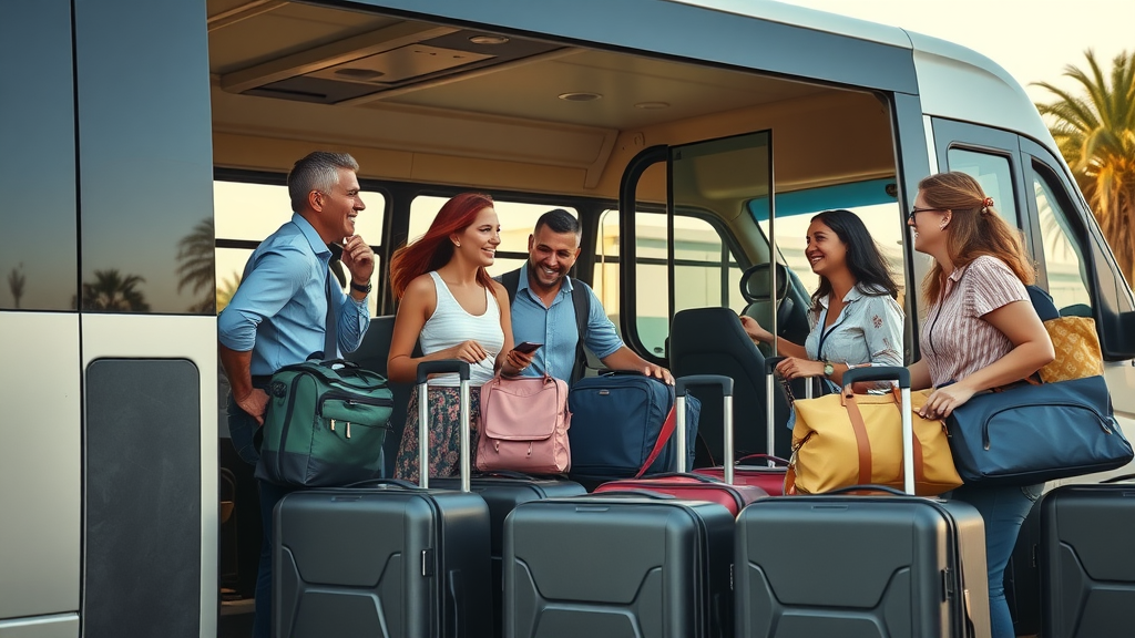 Minibus shuttle for Sayulita to Puerto Vallarta route; group travel with luggage, bus exterior at airport