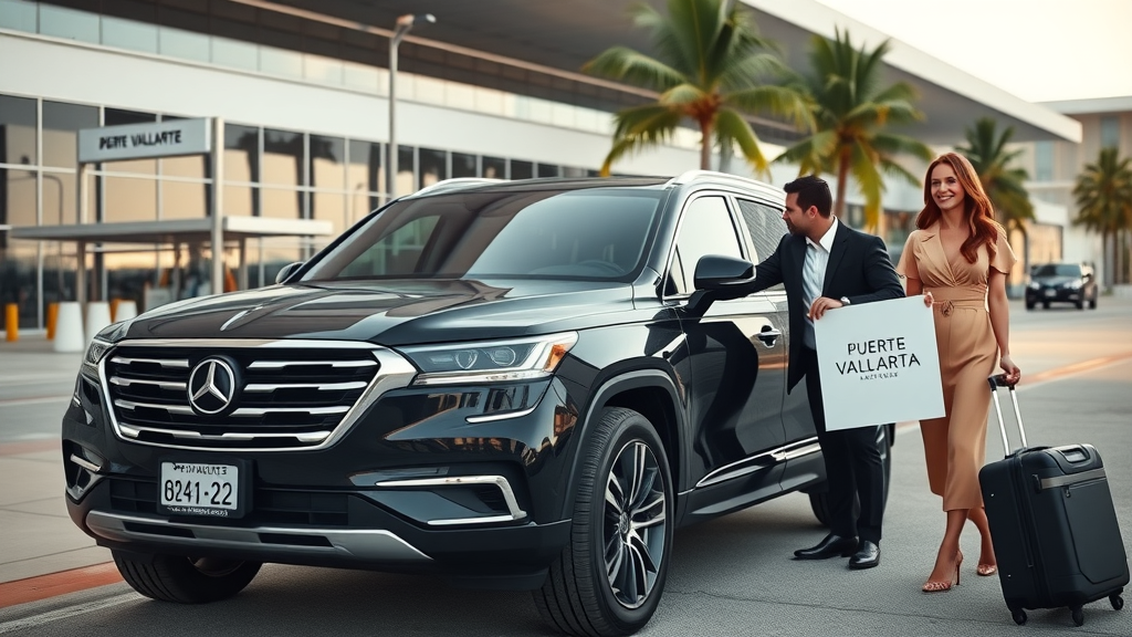 Luxurious black SUV at Puerto Vallarta Airport; private transfer service for Sayulita to Puerto Vallarta