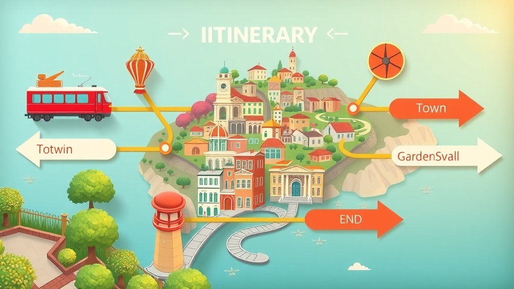 vibrant infographic-style itinerary, icons representing train, town, lunch, garden stroll, journey start/end, scenic Amalfi map in the background, animated travel arrows, pastel color scheme