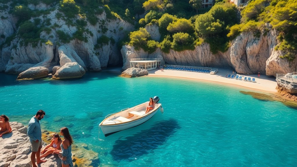 secluded Amalfi Coast beach cove, clear blue water, a small boat docked near rocky shore, group of friends picnicking and laughing, cliffs with lush greenery, hidden villa in background, water gently lapping the shore