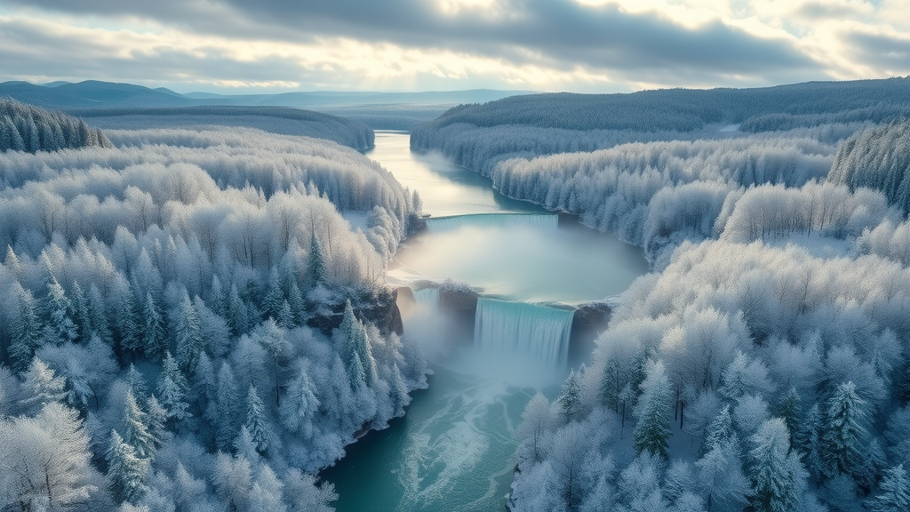 Majestic aerial shot of Plitvice National Park in deep winter, layers of icy lakes, snowy forests, and misty frozen waterfalls - Plitvice Lakes National Park winter