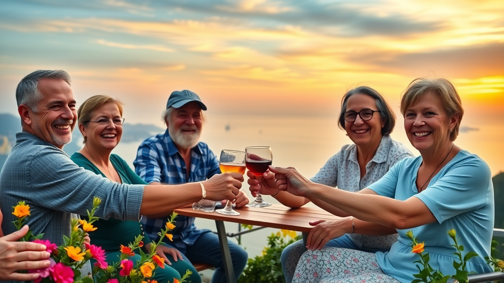 smiling multigenerational group of travelers relaxing on an Amalfi Coast overlook, sunset sky, clinking glasses in celebration, vibrant coastline background, lush flowering plants, joyful atmosphere, soft sunset lighting