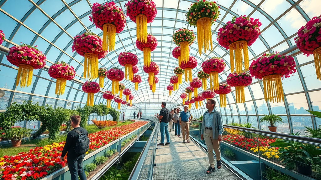 Glass canopy bridge vibrant hanging gardens colorful blooms visitors admiring floral pathways under glass dome