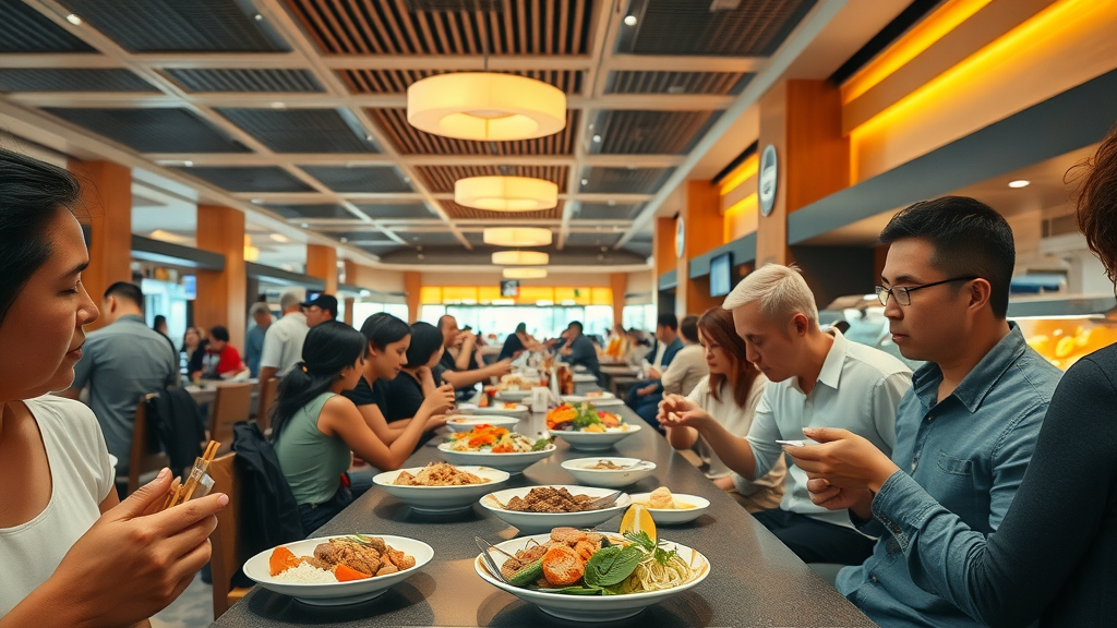 Elegant airport food court people enjoying diverse cuisine stylish interior modern décor Asian and international dishes