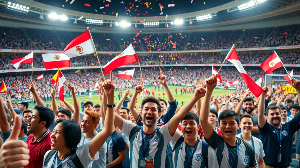 vibrant international sports stadium filled with enthusiastic fans waving flags, welcoming sport fans, stadium background with bright seats and national banners, diverse crowd, stadium lighting, confetti in the air