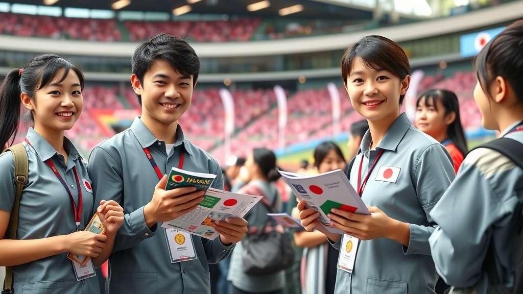 welcoming Japanese event volunteers assisting international sports fans, fan engagement, modern arena background with cherry blossoms and flags, fans from different backgrounds interacting