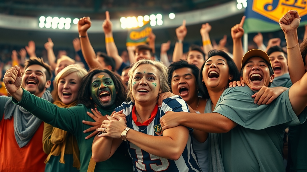 diverse group of passionate sports fans celebrating together, emotional unity, stadium floodlights, banners and face paint, group hug