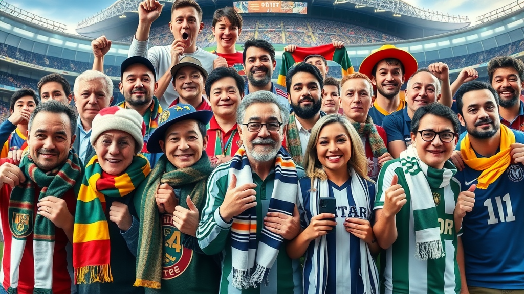multinational collage of sports fans in diverse team apparel, sports fans gear and objects, iconic stadium backgrounds