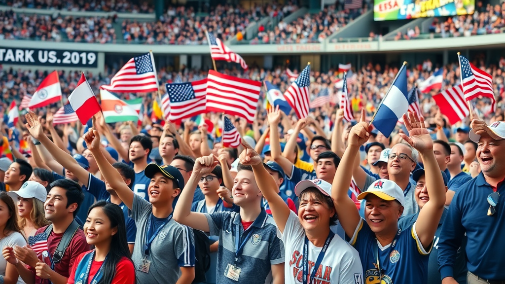Vibrant international crowd during major U.S. sports event, sport tourist waving flags, cheering in iconic American stadium with city skyline, sports tourism