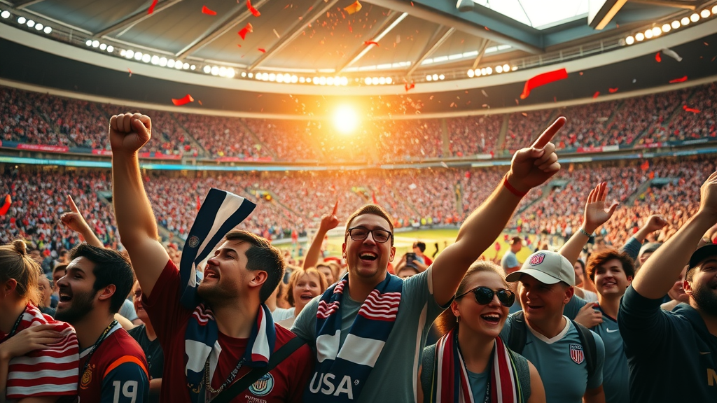 Dramatic stadium view with sport tourists from around the world at World Cup, fans unified in U.S. stadium, bright team scarves and excited celebration