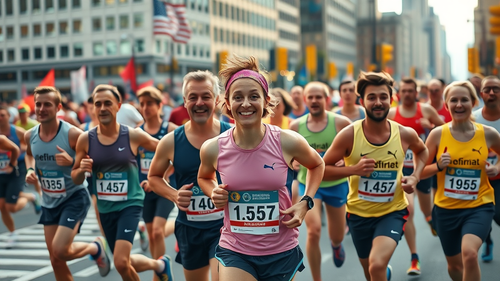 Active sport tourists participating in U.S. marathon event, energetic group running in urban U.S. city with cheering crowds, major sporting event