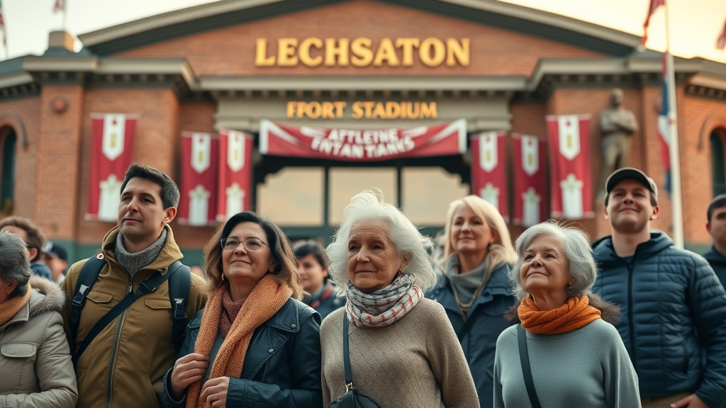 Multi-generational sport tourists in front of historic U.S. sports stadium, warm lighting and nostalgic heritage experience