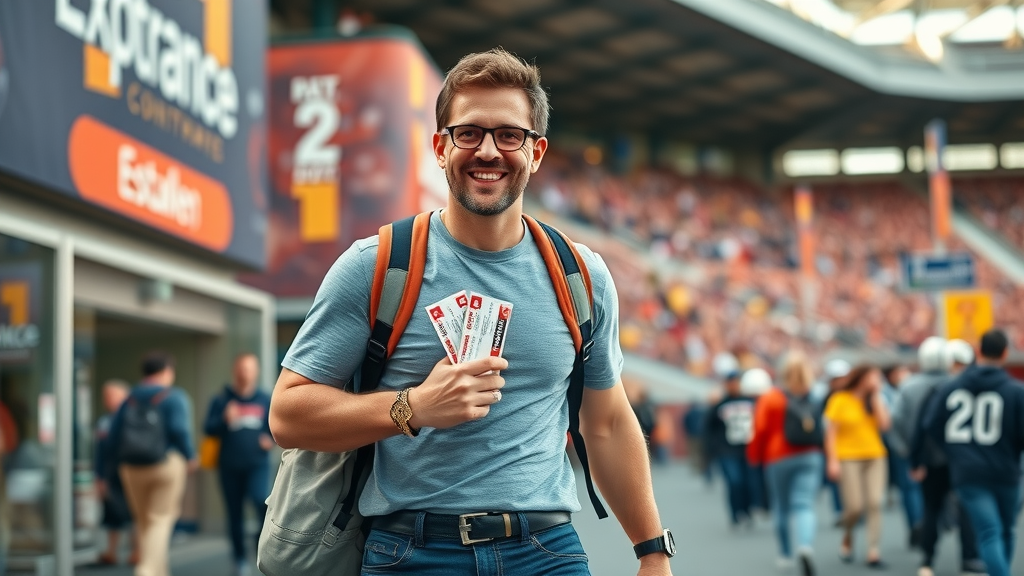 Confident hard sport tourist, energetic attire, excited outside U.S. stadium with crowds, focused on major sporting event