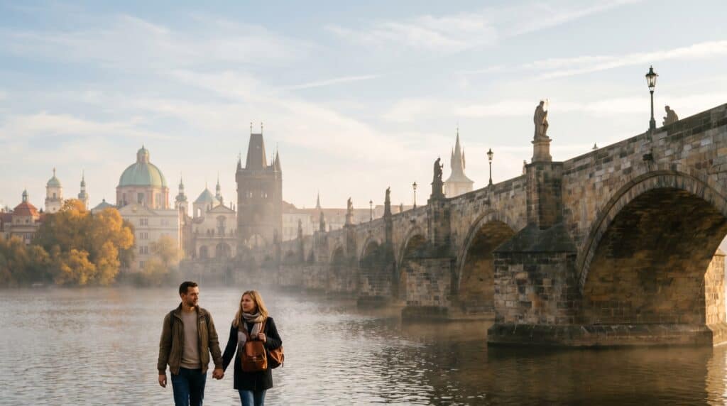 Couple walking across a stone bridge on a golden autumn morning in Europe — the best time to visit Europe for a first-timer is May–June or September–October
