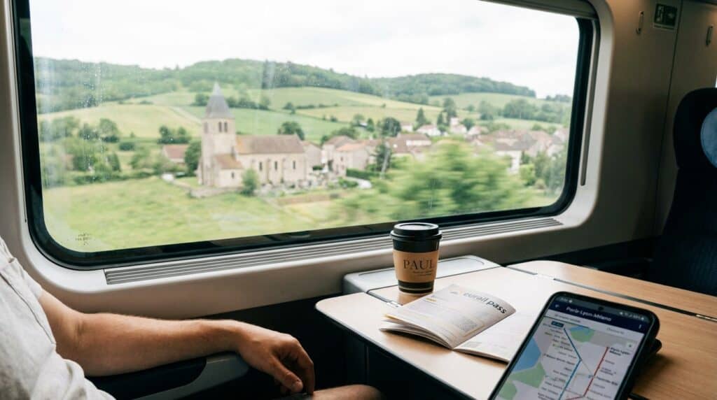 View from a high-speed train window in Europe with a Eurail pass on the tray table — comparing train travel versus budget flights for first-time visitors