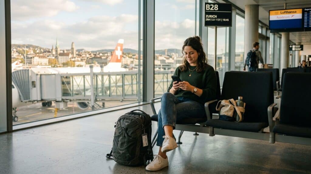 A first-time visitor to Europe reading travel FAQs on their phone at an airport departure gate before their flight