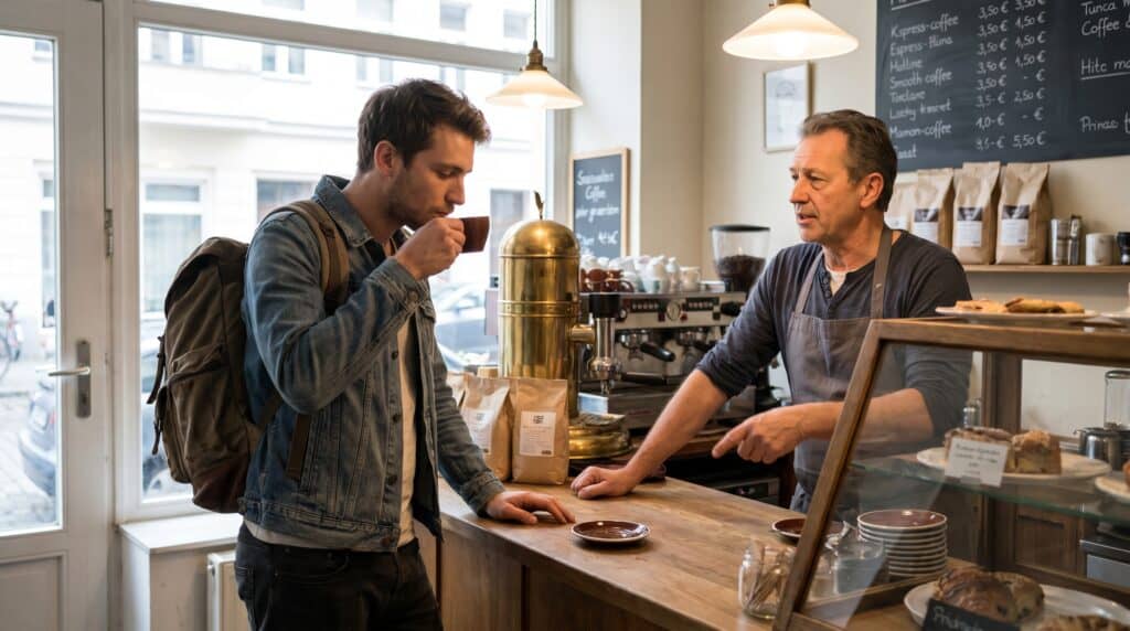 A traveller standing at a neighbourhood café espresso bar in Europe, learning practical travel tips and tricks from a local barista