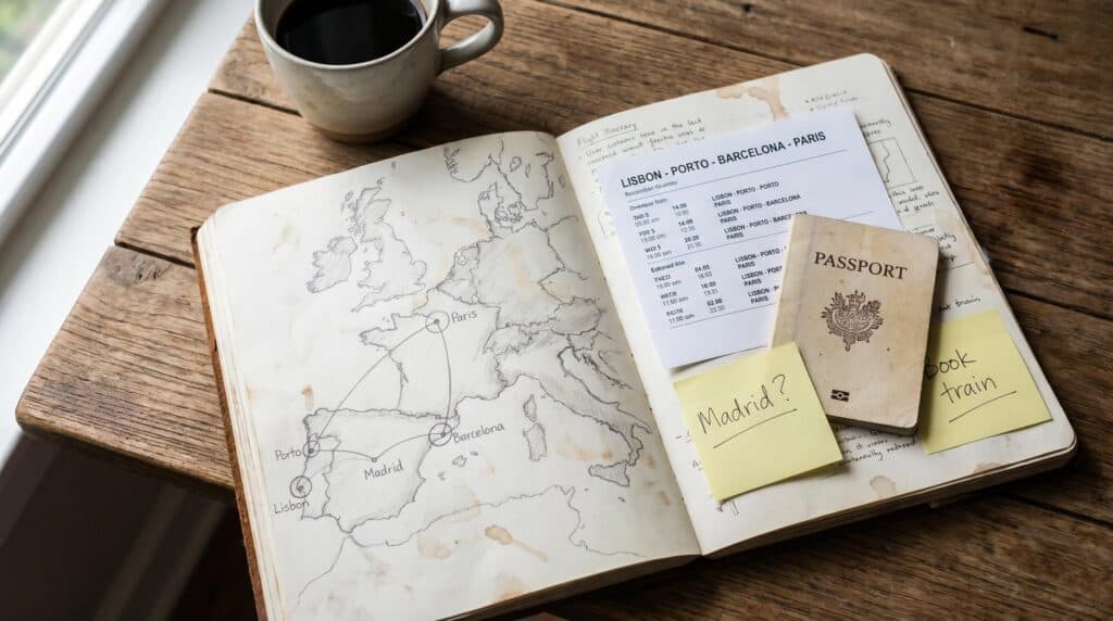 Europe travel guide for first timers. A travel journal with a hand-drawn Europe trip itinerary for beginners, alongside a passport and flight printout on a wooden table