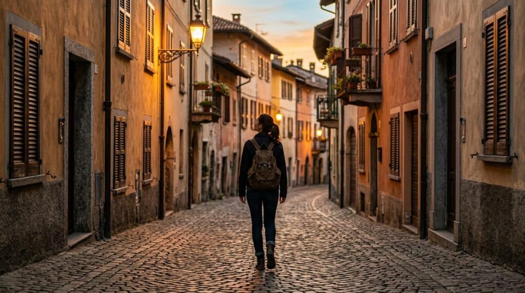 Solo traveller walking down a golden-hour cobblestone street in a European old town — the lasting feeling of a first trip to Europe