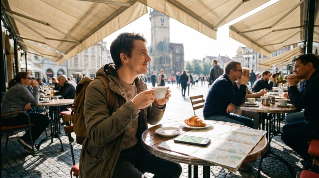 A first-time traveller planning a Europe trip at a café table with a map and phone in a sunlit European city square