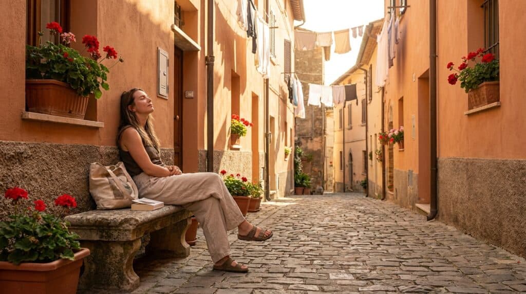 A traveller sitting peacefully on a cobblestone street in Southern Europe, capturing the slow travel mood ideal for a first Europe trip