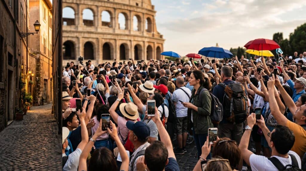 Dense tourist crowds at a famous European landmark, contrasting with a quiet sunlit alleyway visible in the background — a reminder of what to skip on a first Europe trip