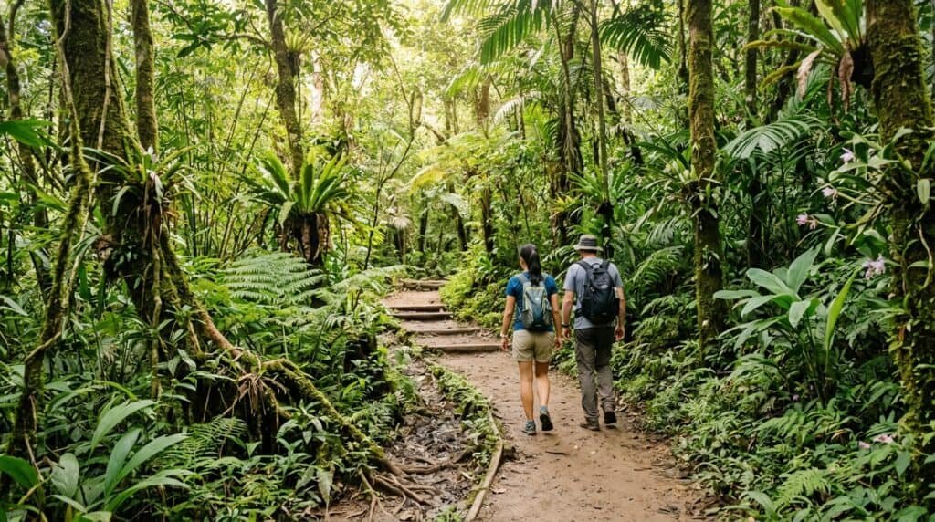 Two hikers walking a beginner-friendly forest trail surrounded by tropical greenery on an easy hiking route in Asia