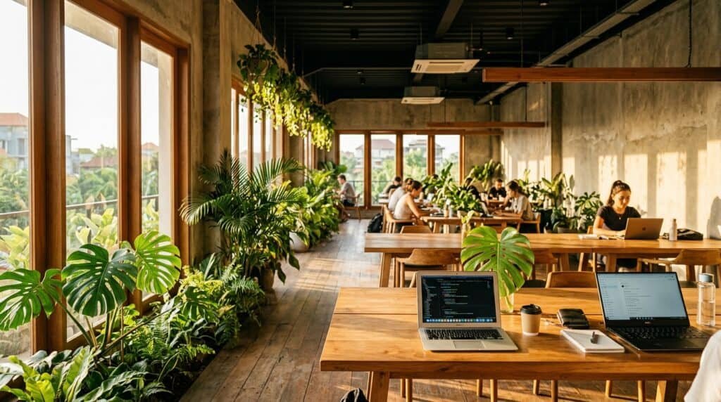 A bright modern coworking space in a tropical city representing the best digital nomad cities in 2026