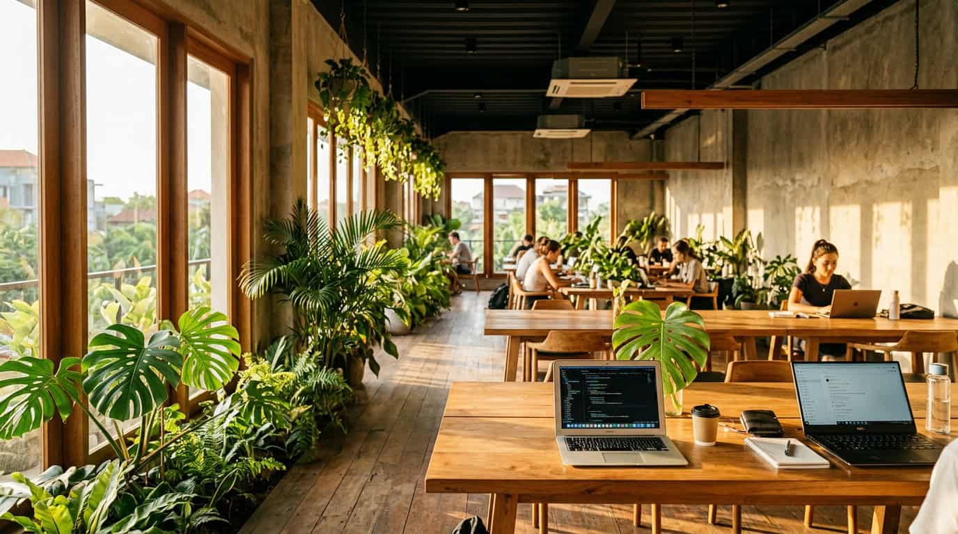 A bright modern coworking space in a tropical city representing the best digital nomad cities in 2026