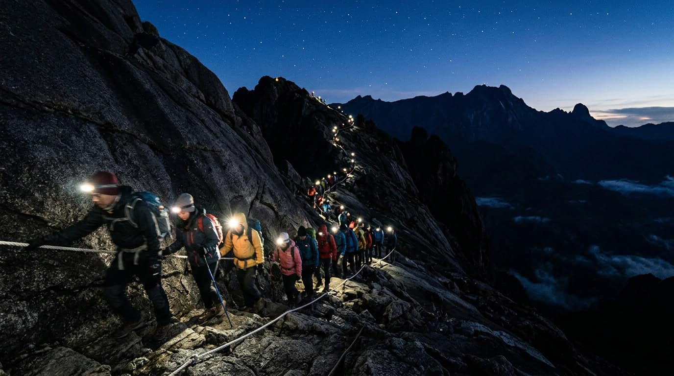 Hikers climbing the granite summit trail of Mount Kinabalu in Malaysia before dawn with headlamps illuminating the path