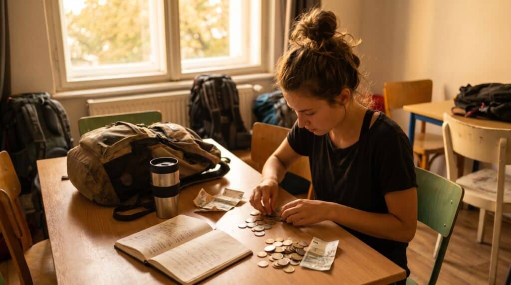 Solo traveller counting euros at a hostel table while planning a budget Europe trip