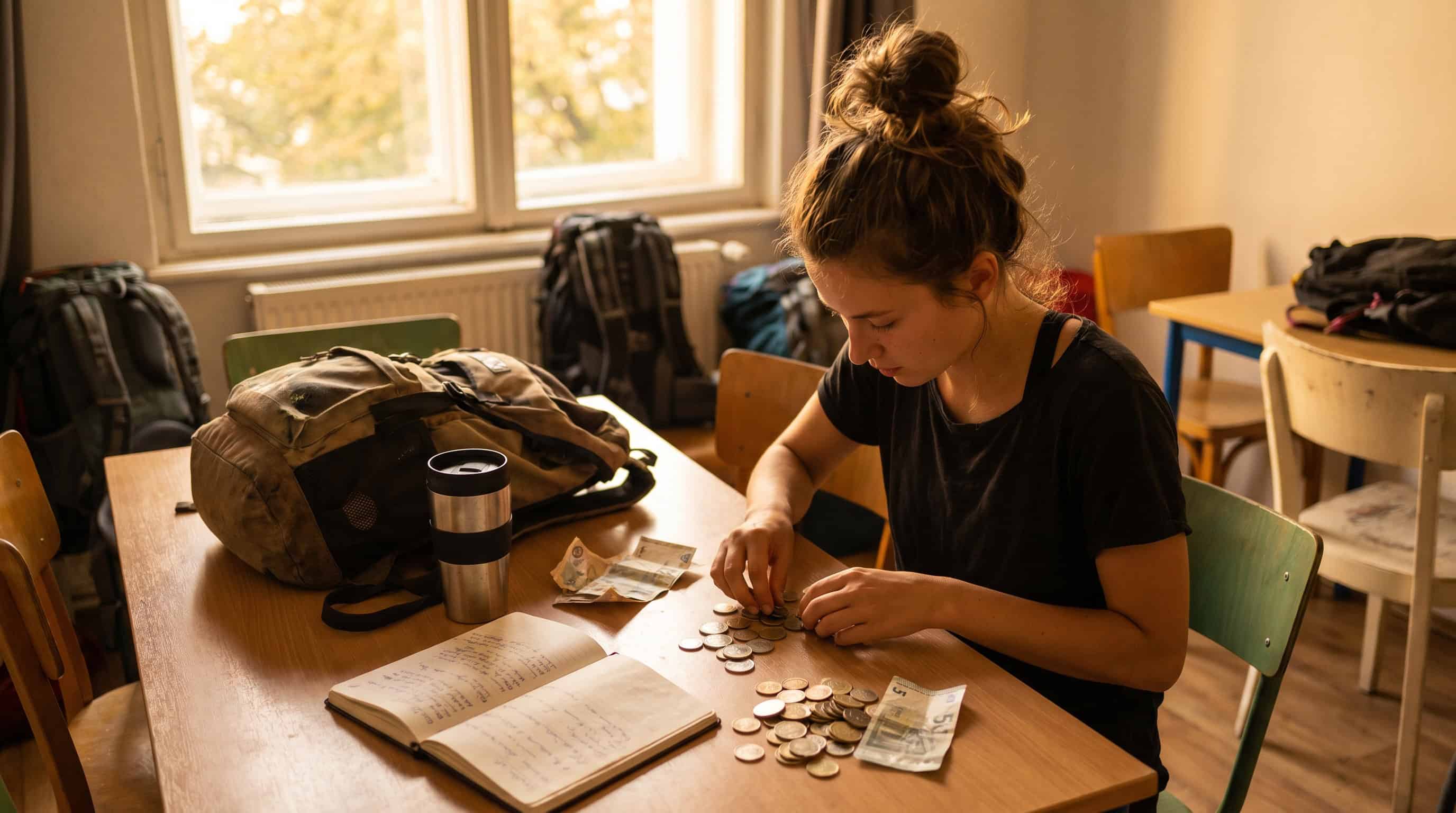 Solo traveller counting euros at a hostel table while planning a budget Europe trip how to travel Europe cheap
