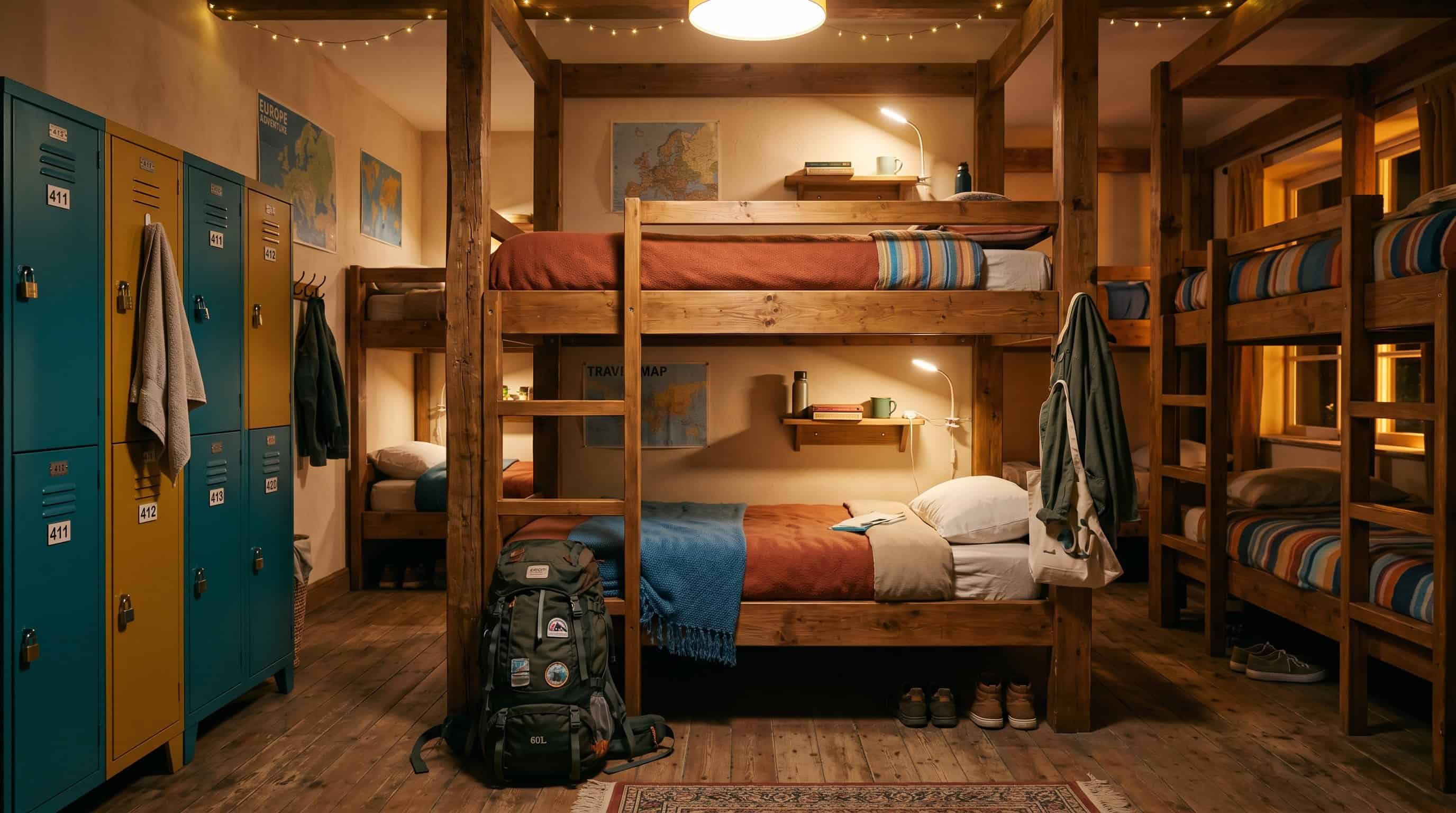 Clean budget hostel dormitory with wooden bunk beds for cheap Europe travel