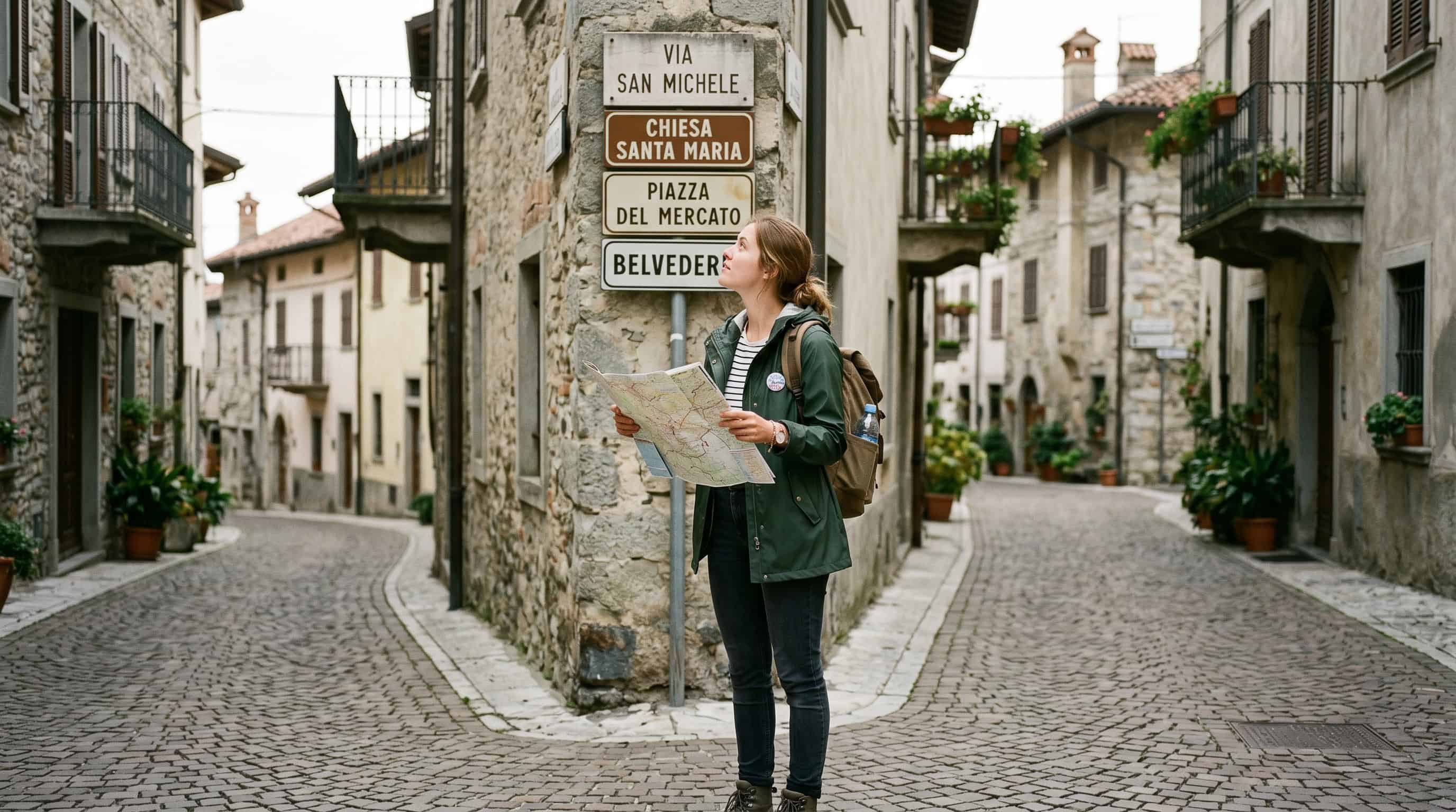 Solo budget traveller at a European street corner embodying flexible travel planning